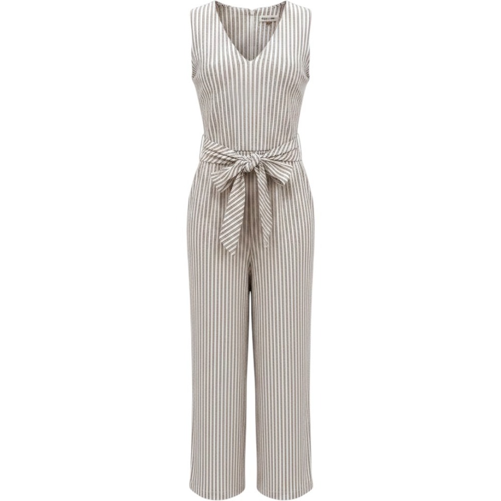 CALVIN KLEIN Jumpsuit Womens Blk Cream Striped Seersucker Wide Leg Sleeveless